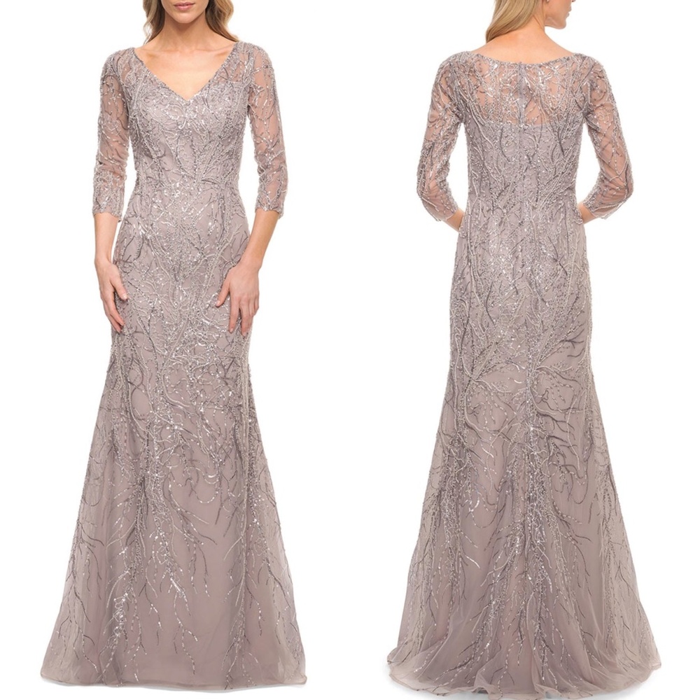La Femme Taupe Beaded V-Neck Maxi Gown